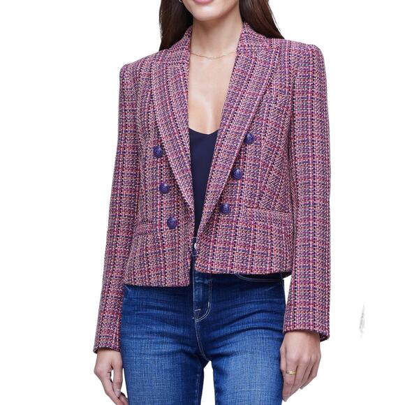 L'AGENCE Jackets & Blazers - L’AGENCE Brook Tweed Double Breasted Cropped Blazer Purple Pink Size 10